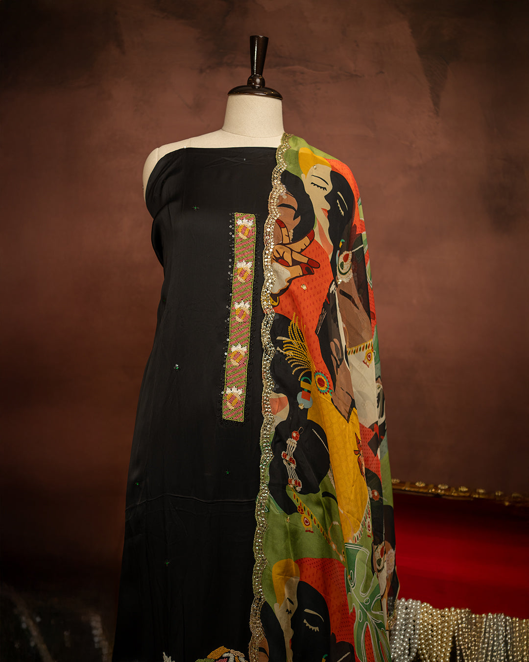 Classic Black Silk Dress Material with Printed Dupatta