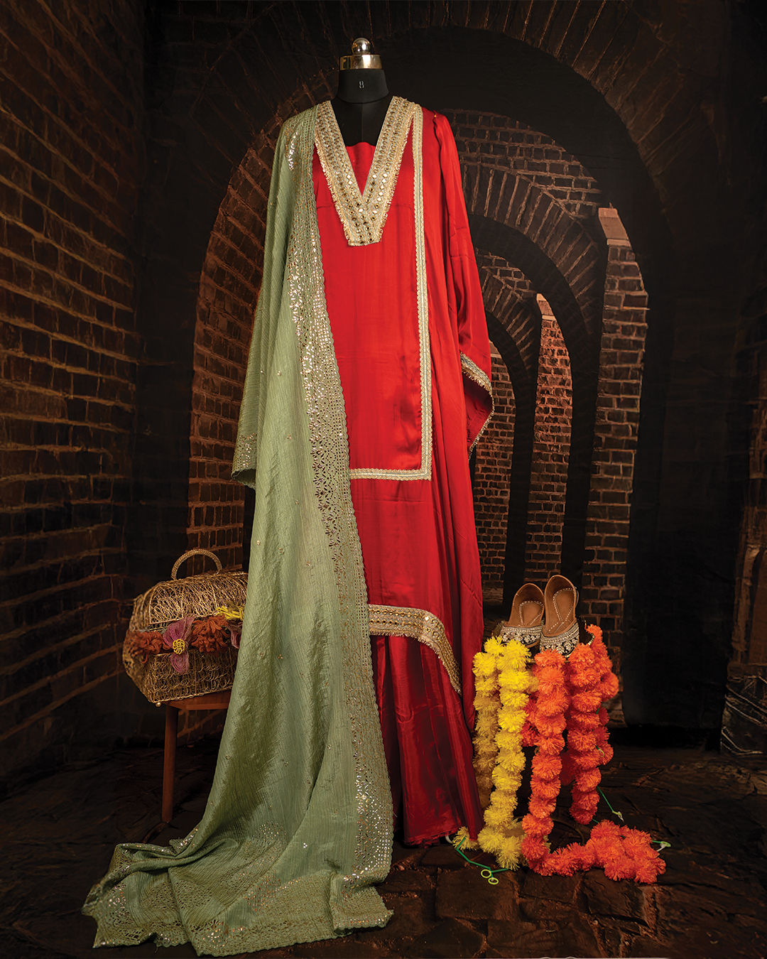 Red Silk Elegance with Green Mukaish Dupatta