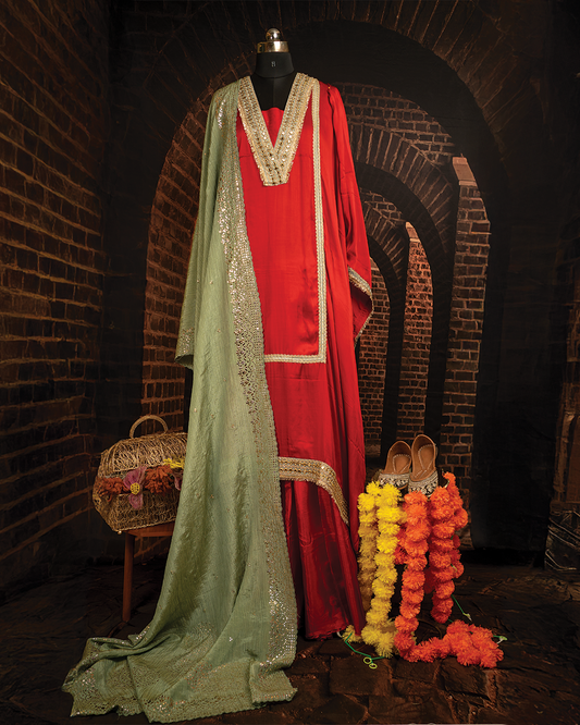 Red Silk Elegance with Green Mukaish Dupatta