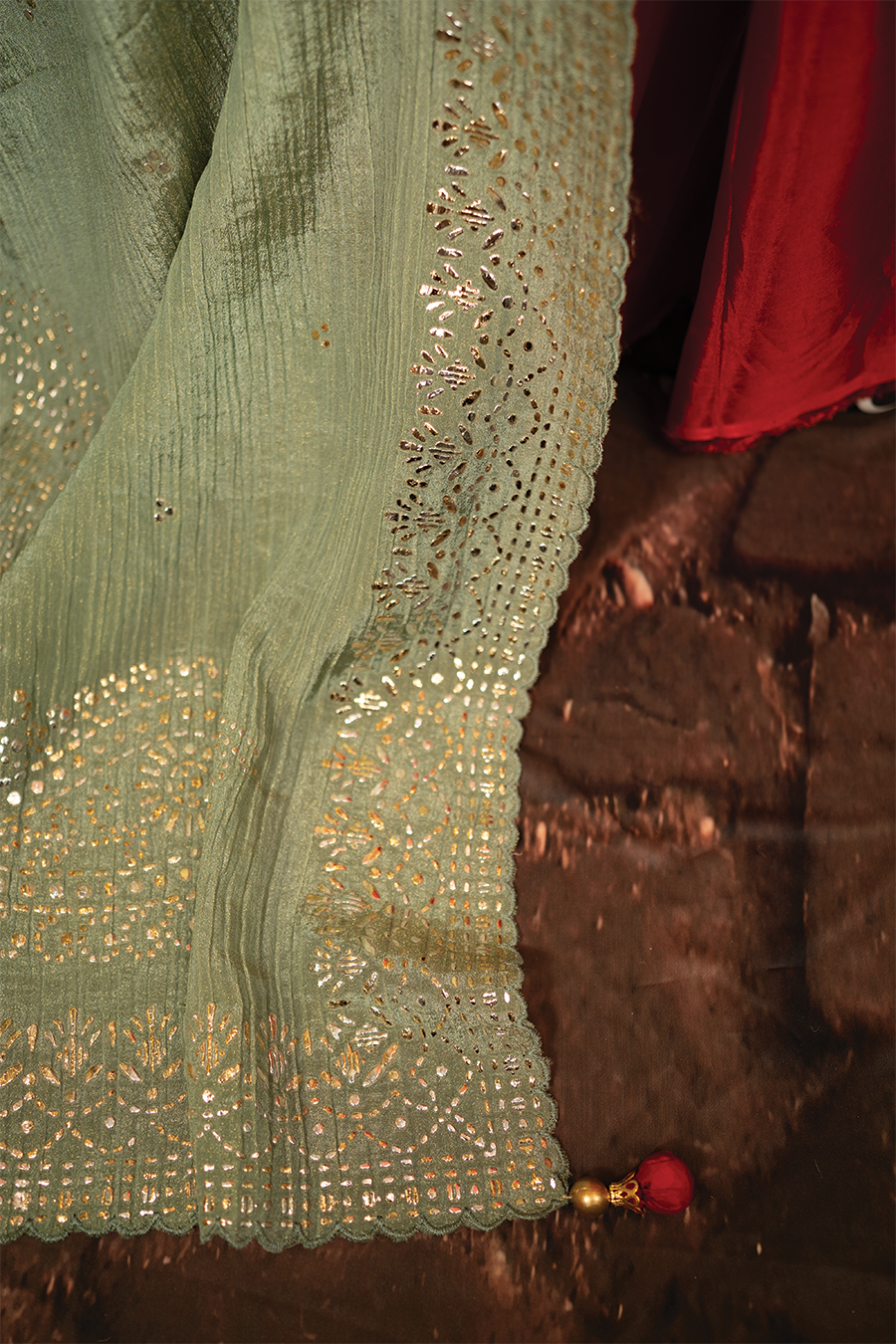 Red Silk Elegance with Green Mukaish Dupatta