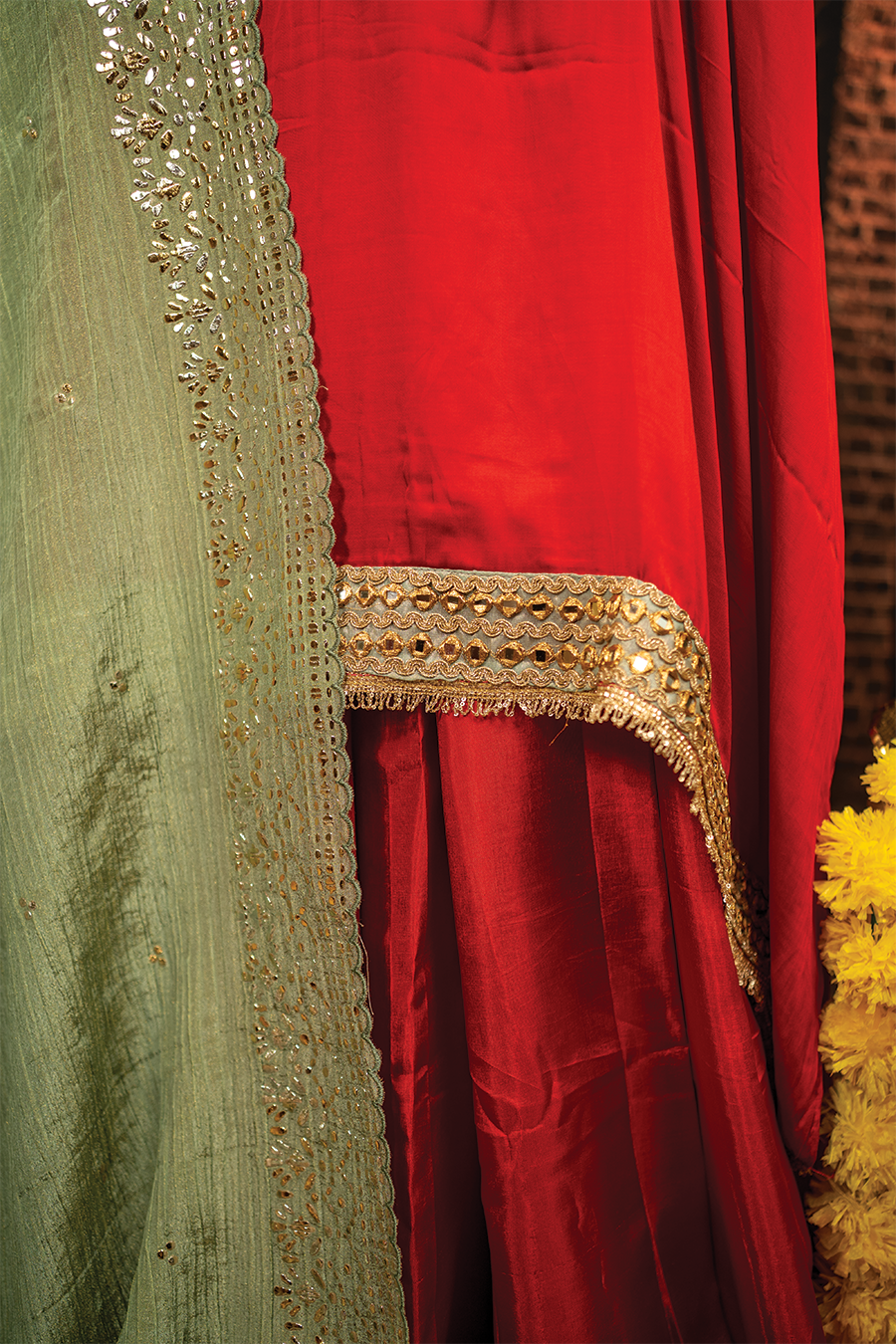 Red Silk Elegance with Green Mukaish Dupatta