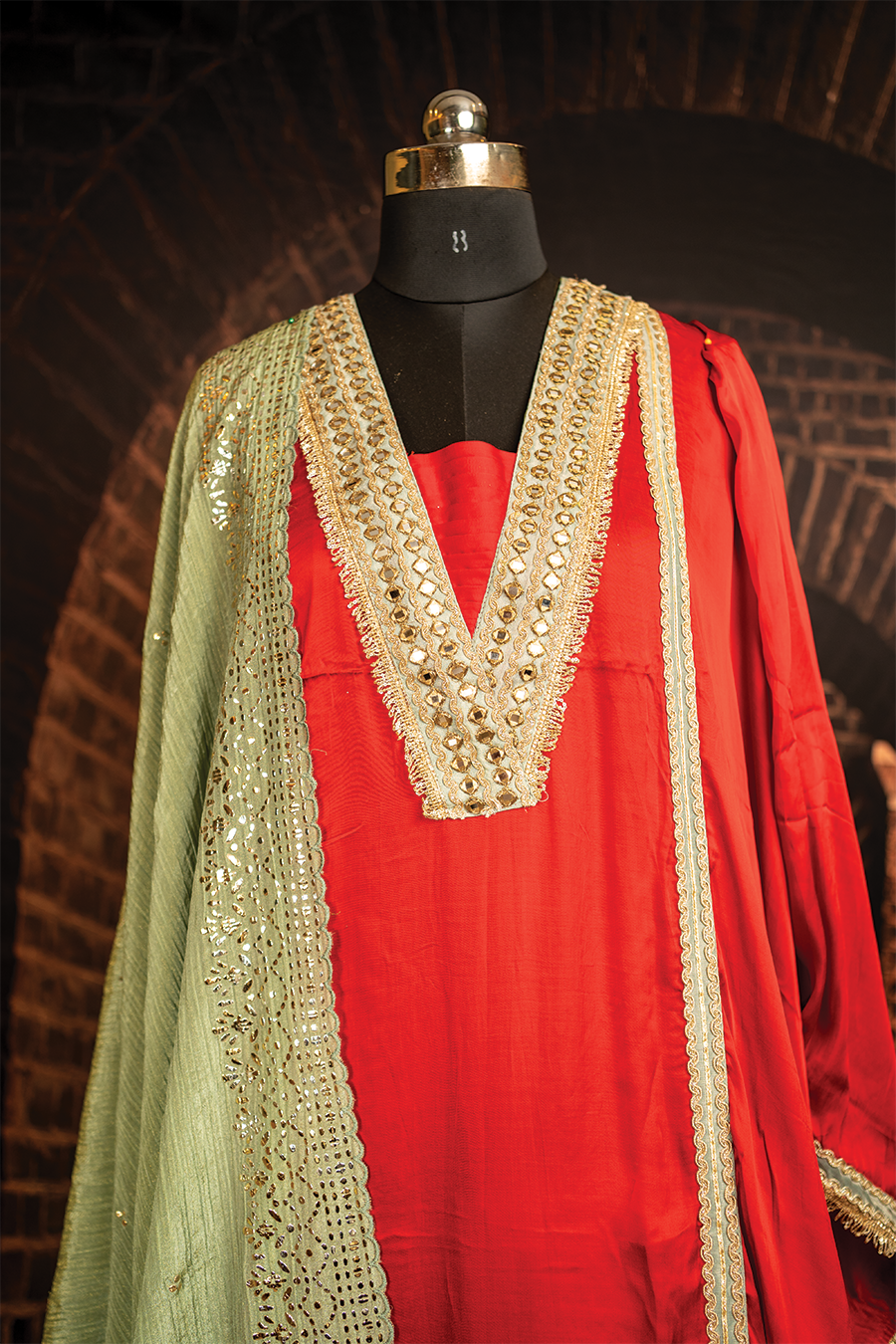 Red Silk Elegance with Green Mukaish Dupatta