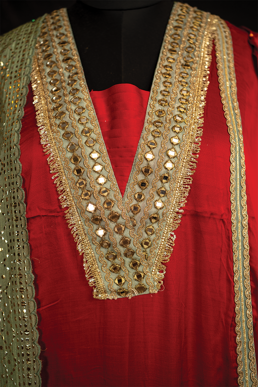 Red Silk Elegance with Green Mukaish Dupatta