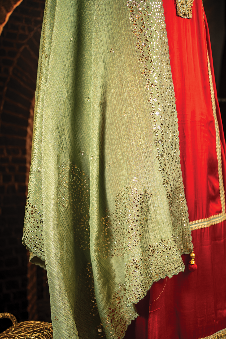 Red Silk Elegance with Green Mukaish Dupatta
