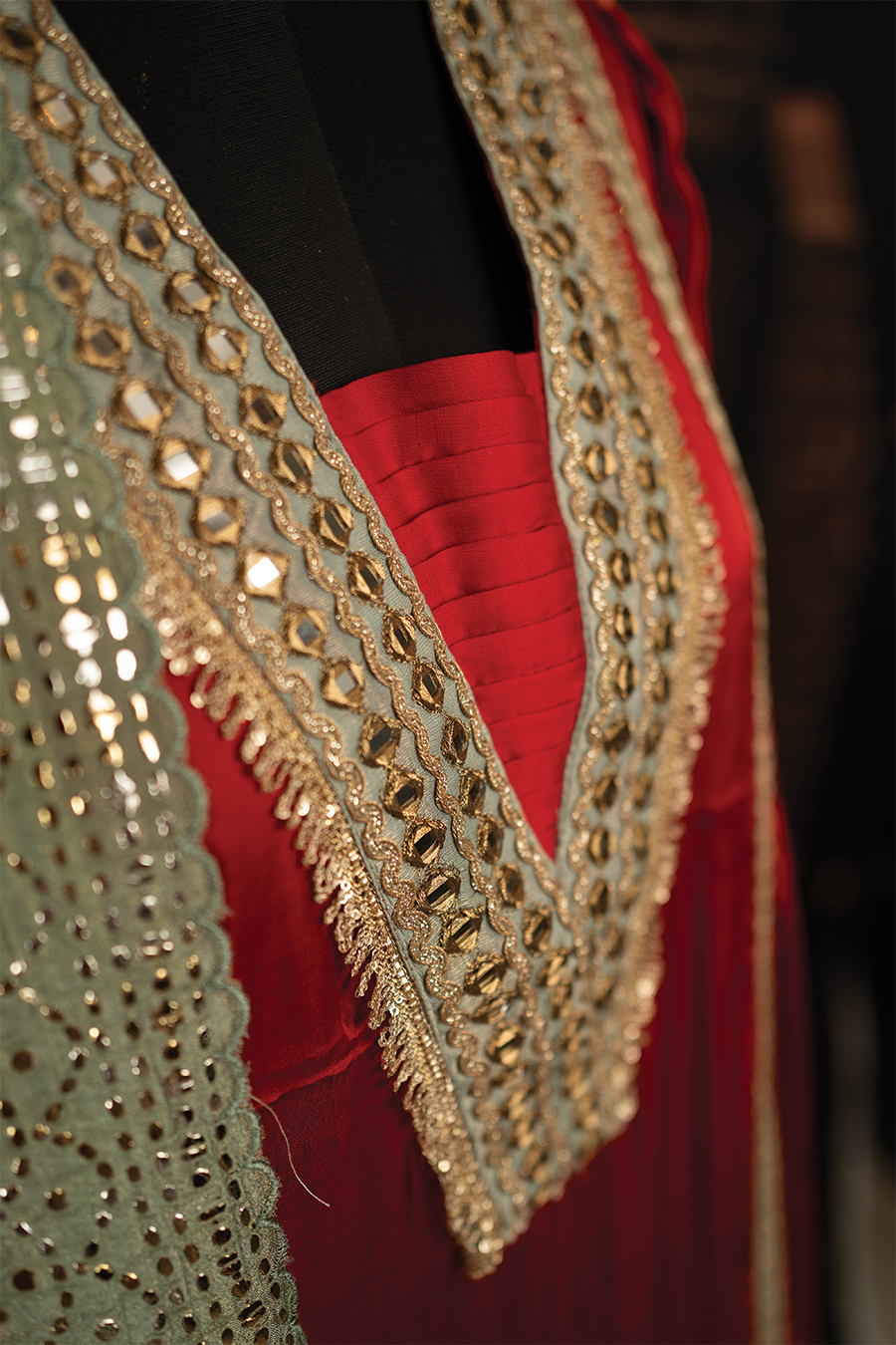 Red Silk Elegance with Green Mukaish Dupatta