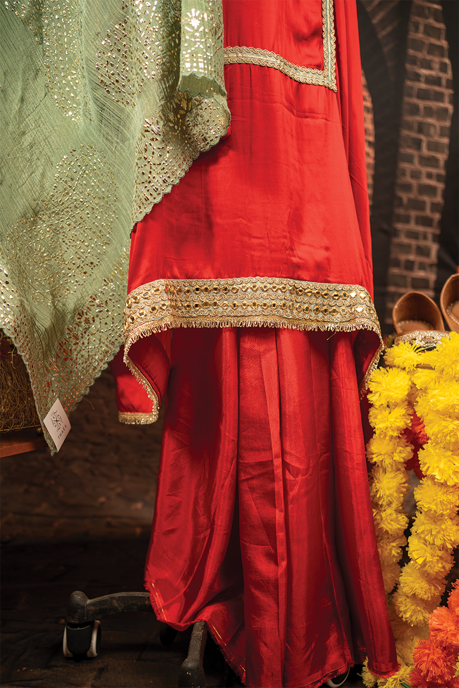 Red Silk Elegance with Green Mukaish Dupatta