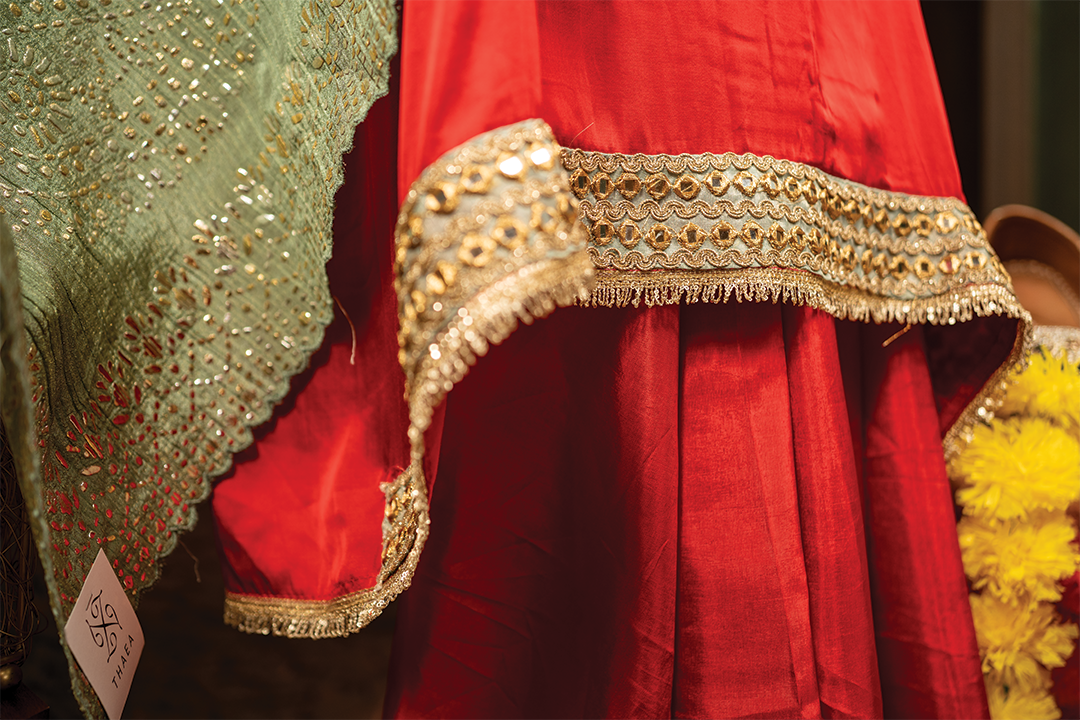 Red Silk Elegance with Green Mukaish Dupatta