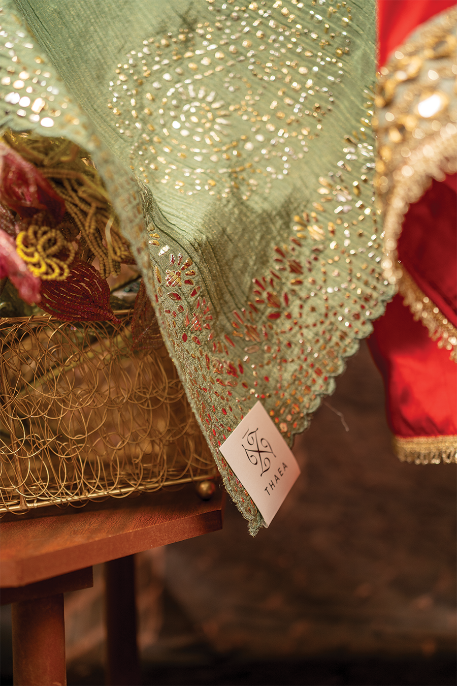 Red Silk Elegance with Green Mukaish Dupatta