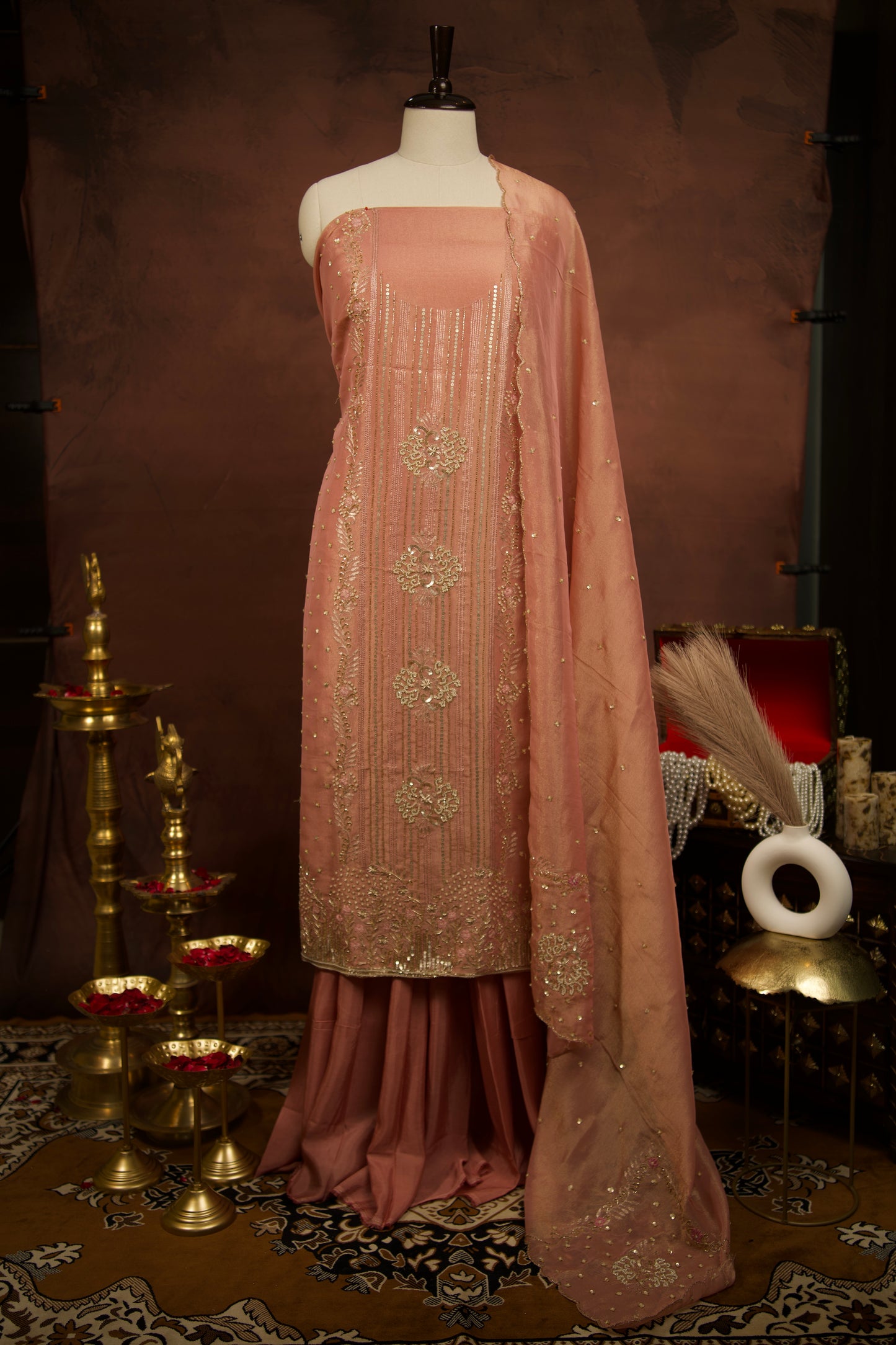 Elegant Pink Shimmer Tissue Silk Suit with Embroidery