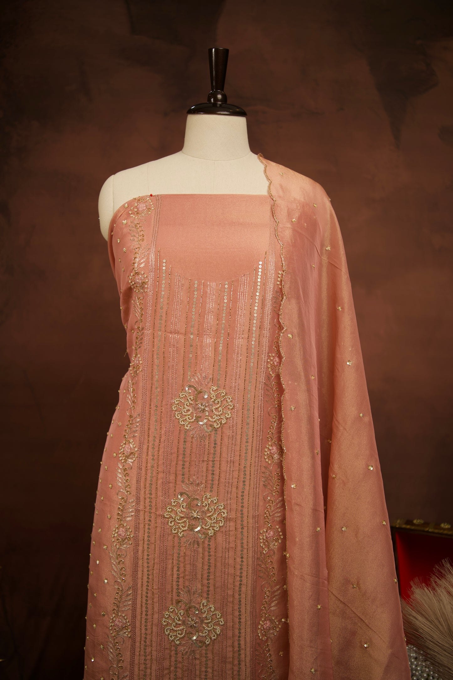 Elegant Pink Shimmer Tissue Silk Suit with Embroidery