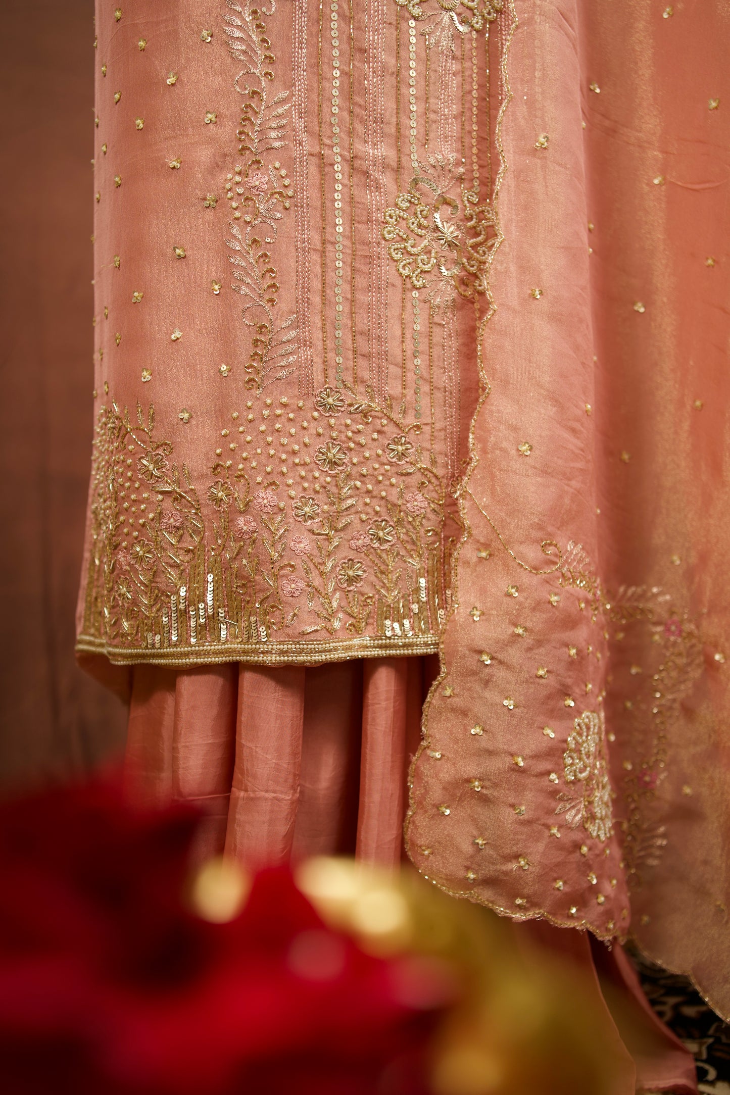 Elegant Pink Shimmer Tissue Silk Suit with Embroidery