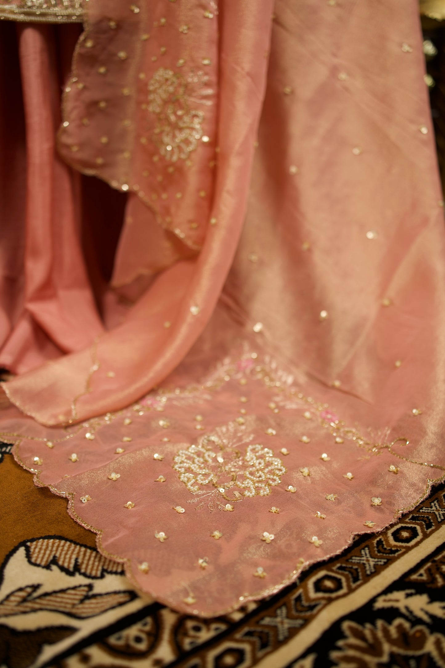Elegant Pink Shimmer Tissue Silk Suit with Embroidery