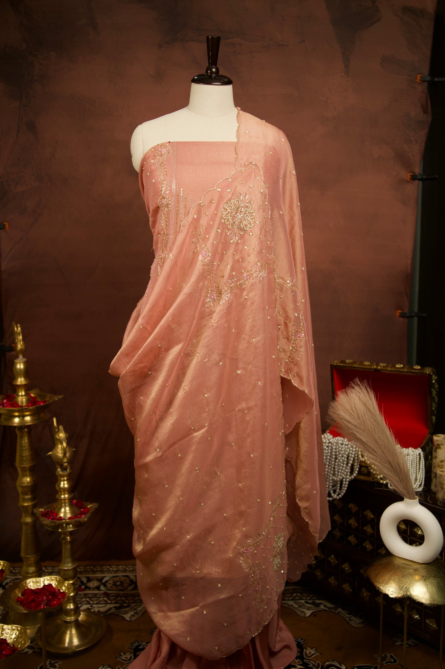 Elegant Pink Shimmer Tissue Silk Suit with Embroidery