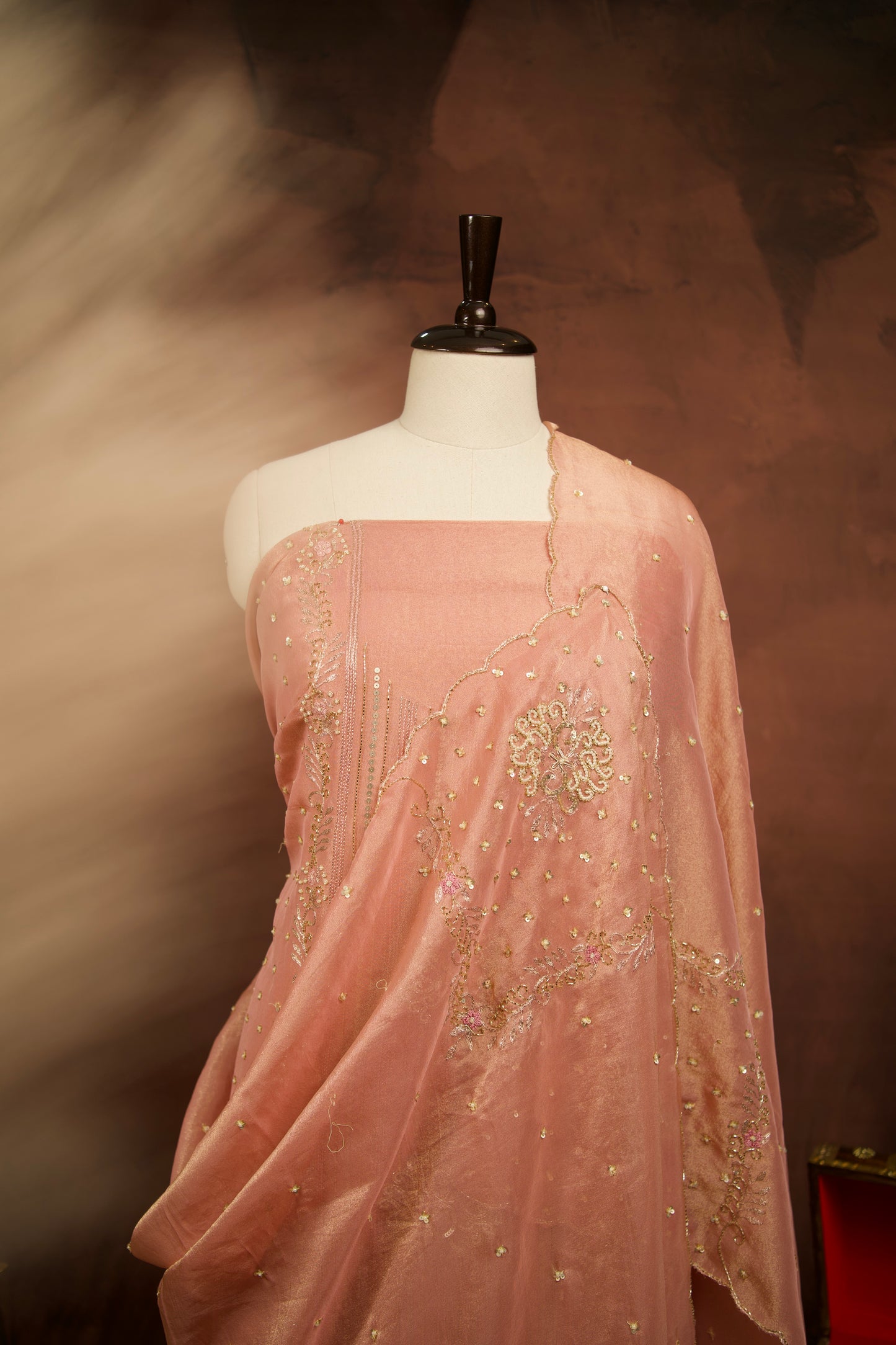 Elegant Pink Shimmer Tissue Silk Suit with Embroidery