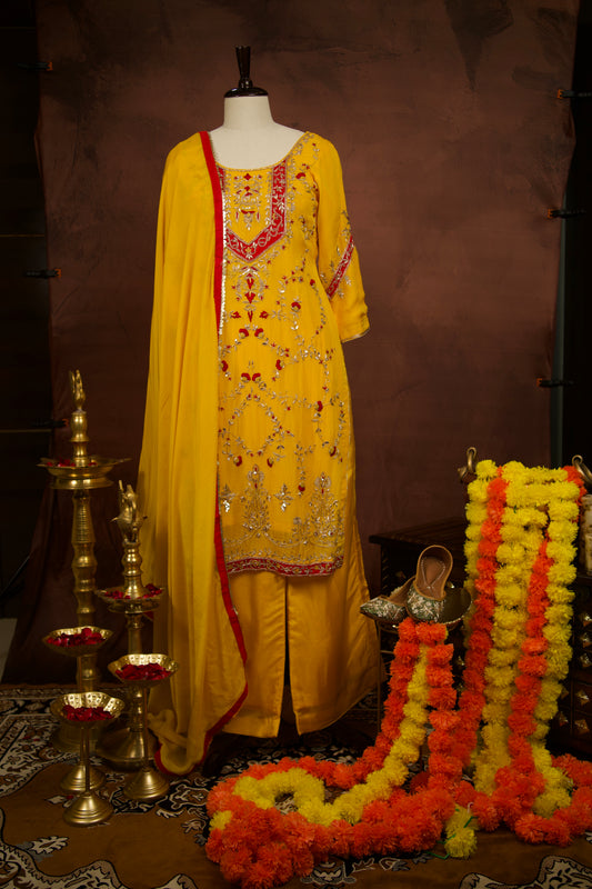 Yellow Organza Suit with Handwork