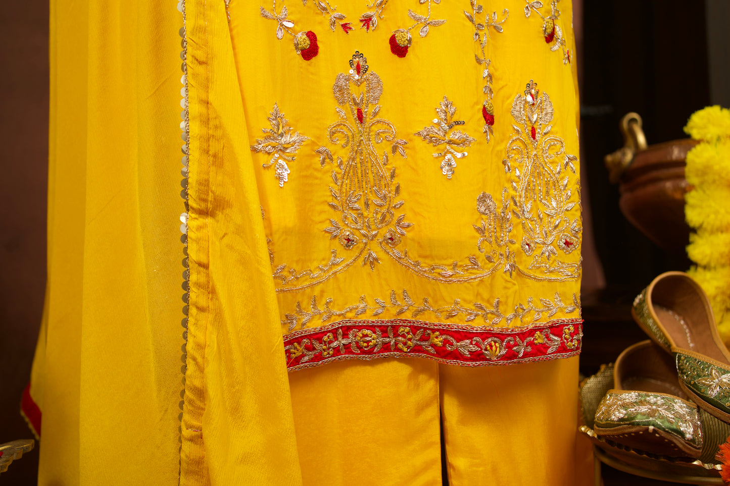 Yellow Organza Suit with Handwork