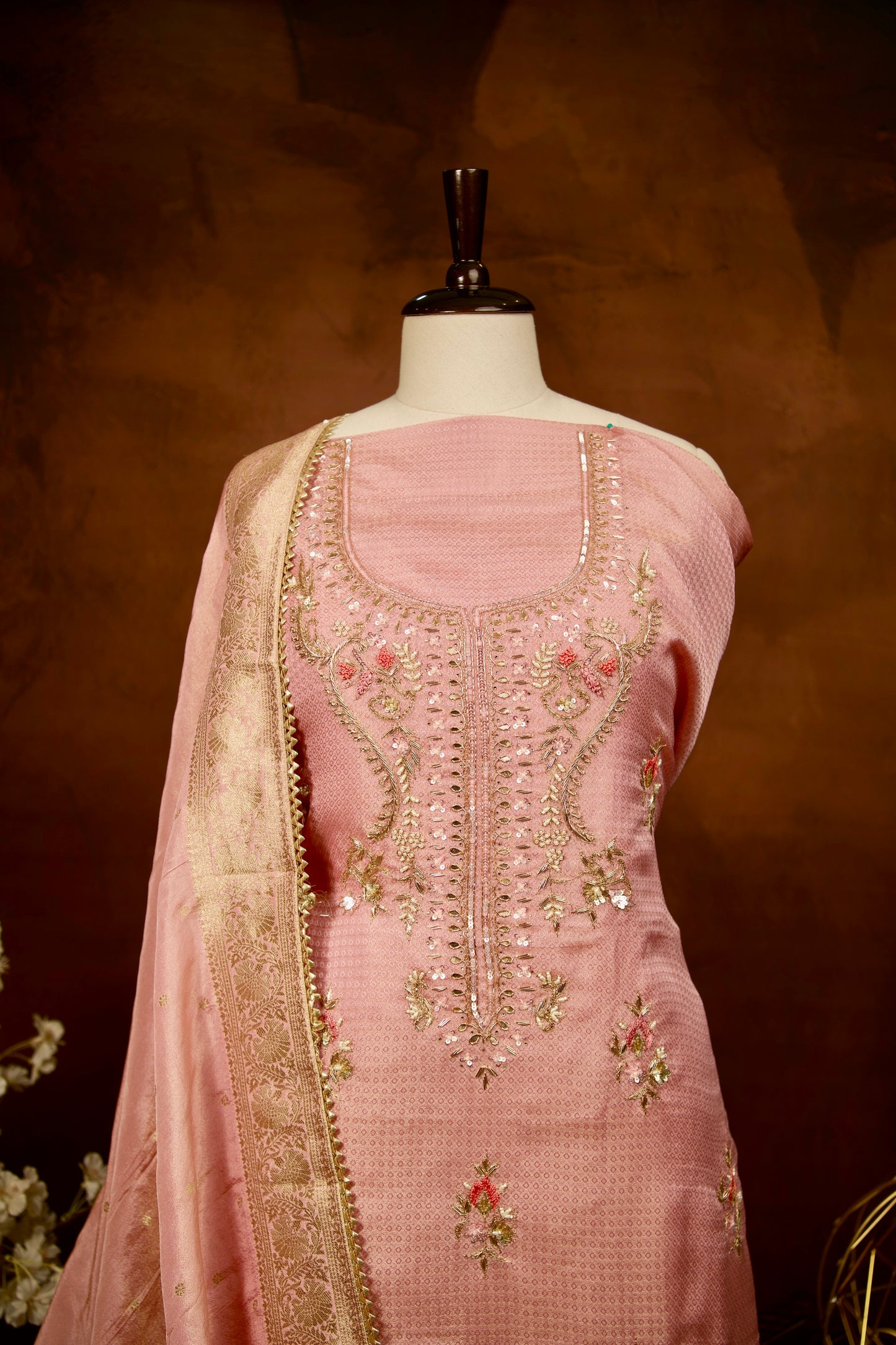 Pink Jacquard with Aari Work and Banarasi Dupatta