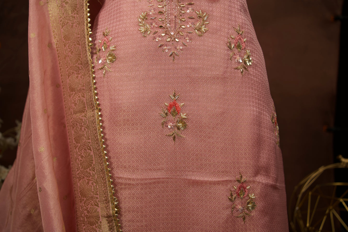 Pink Jacquard with Aari Work and Banarasi Dupatta
