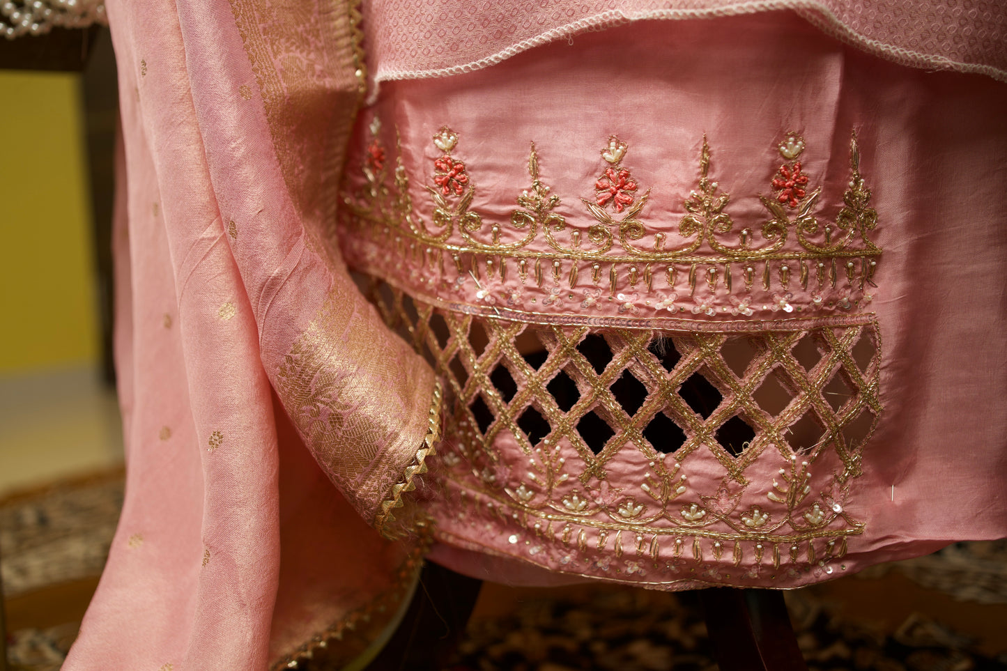 Pink Jacquard with Aari Work and Banarasi Dupatta