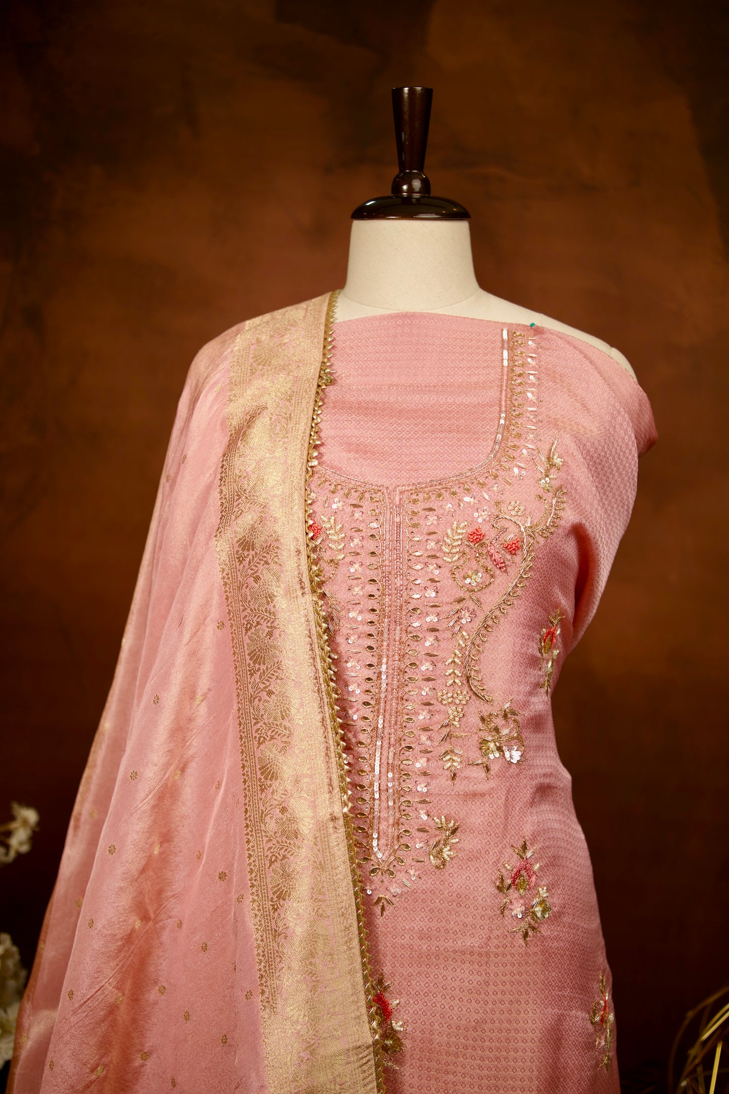 Pink Jacquard with Aari Work and Banarasi Dupatta
