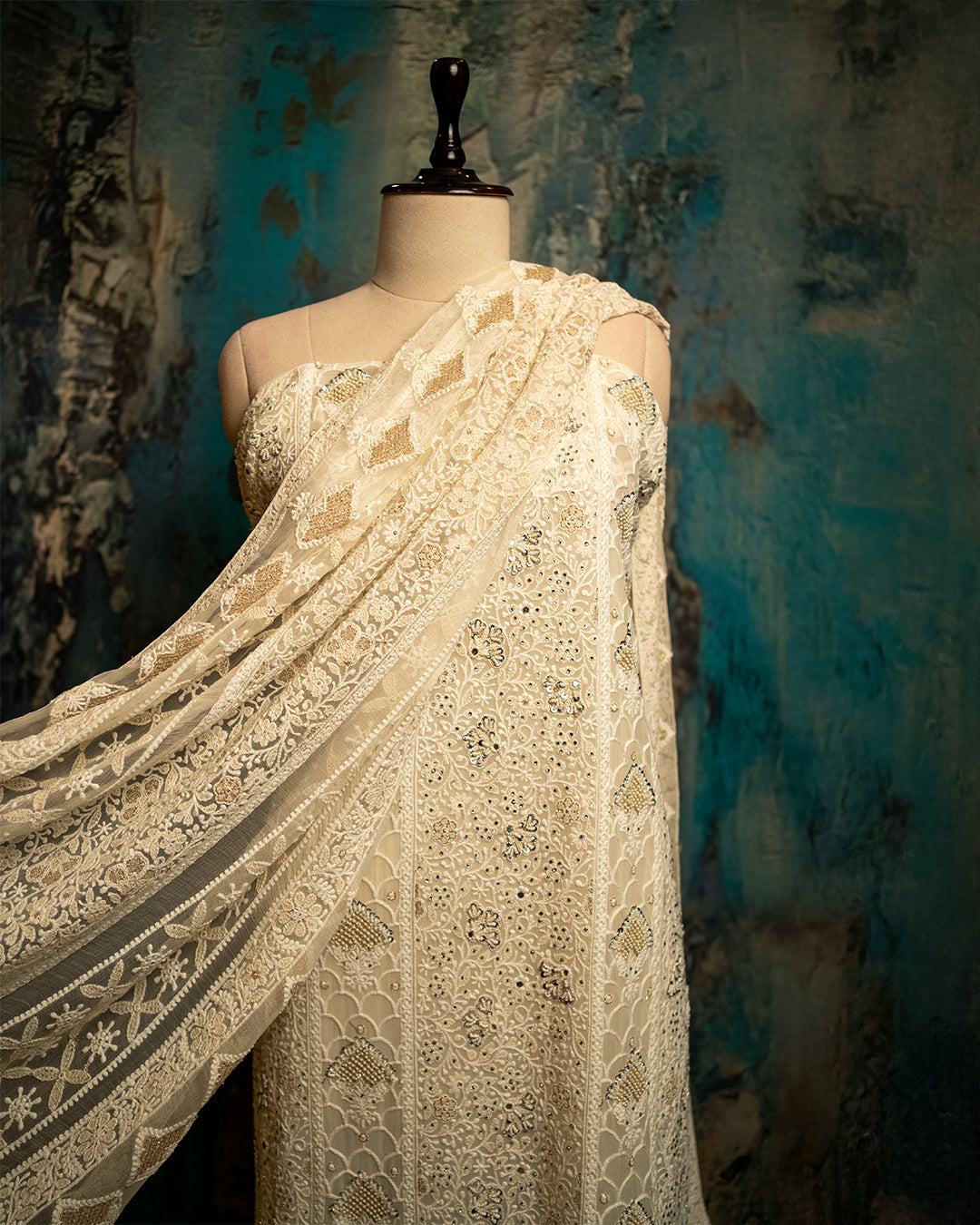 White chikankari with hand embroidery