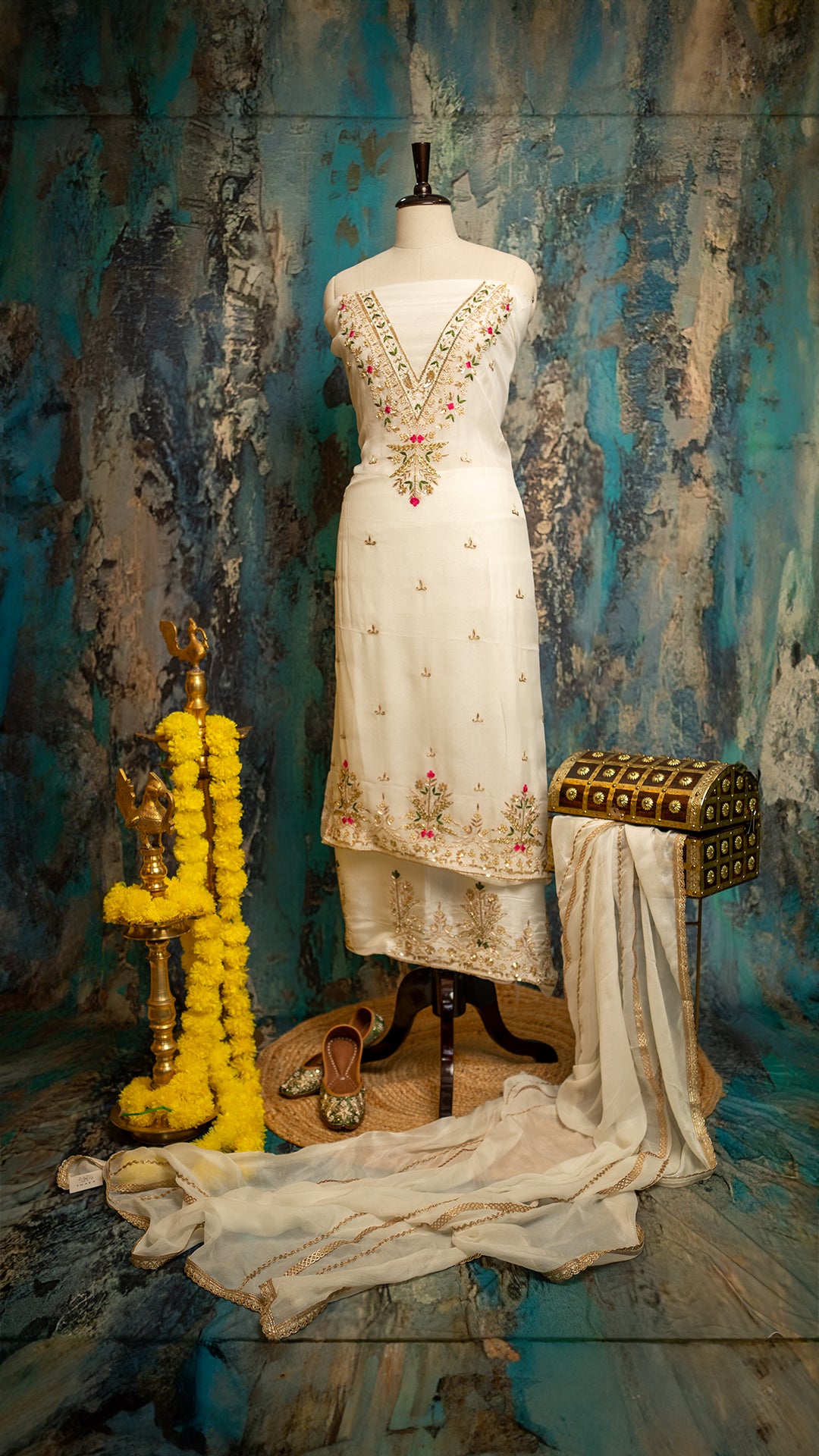 Elegant White Organza Fabric with Intricate Embroidery