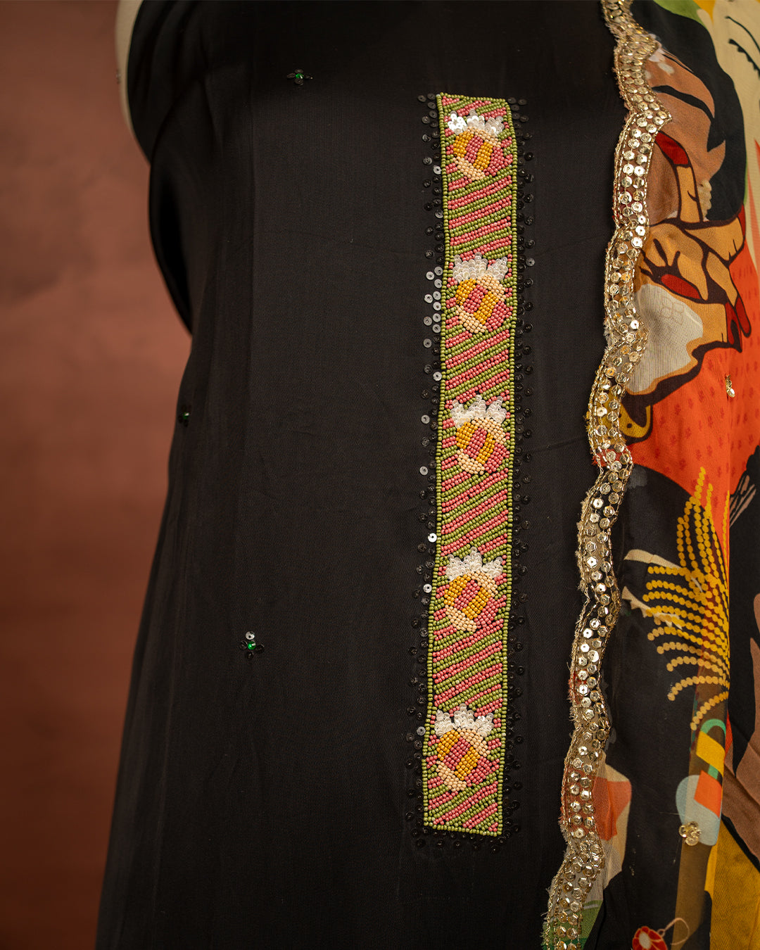 Classic Black Silk Dress Material with Printed Dupatta