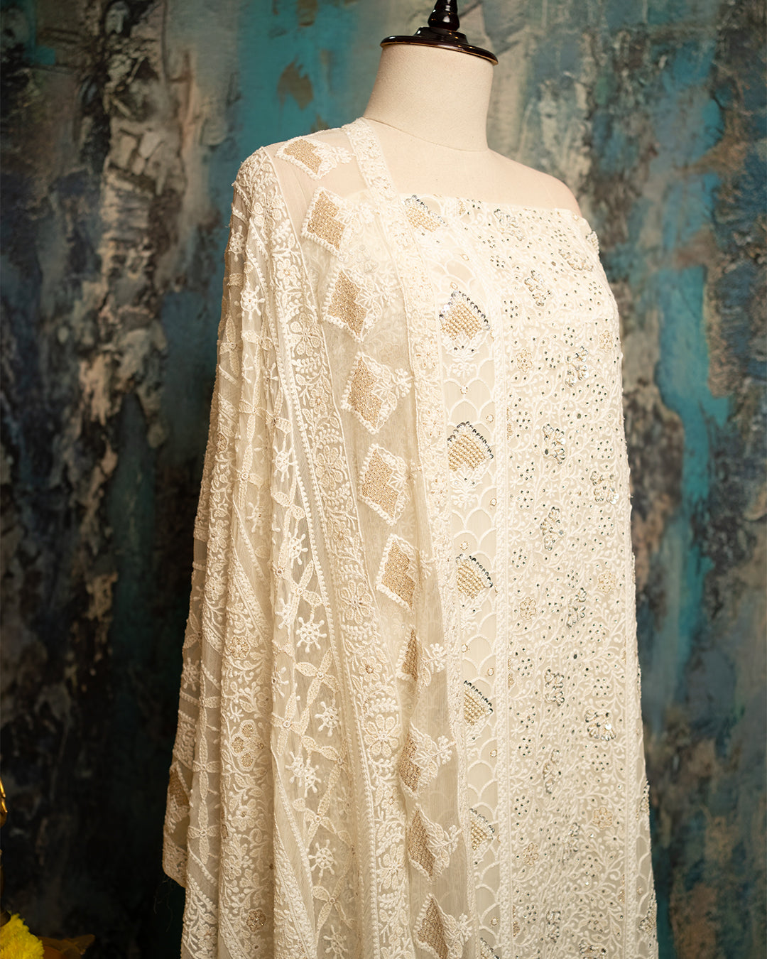 White chikankari with hand embroidery