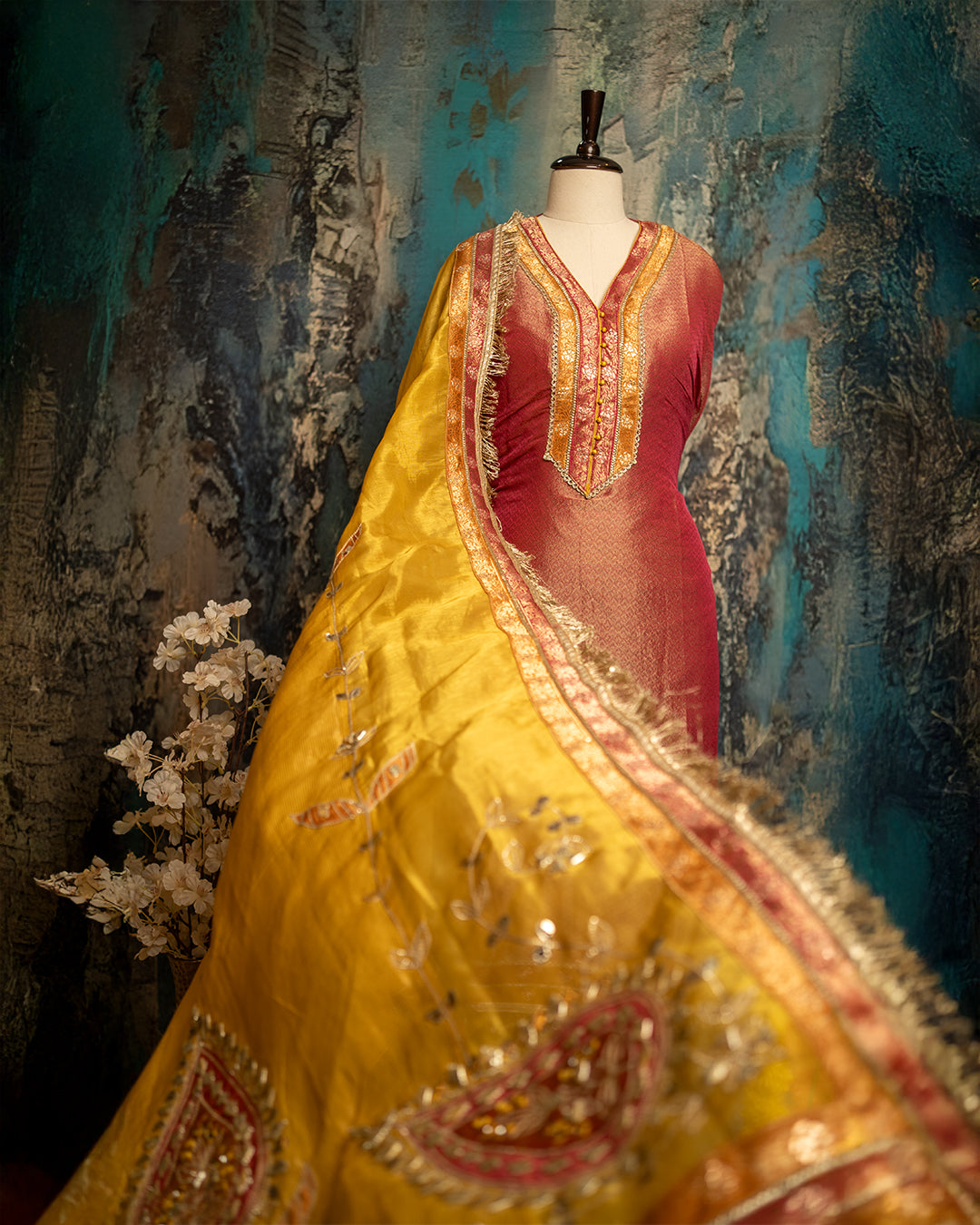 Brocade Tissue Silk Suit with Contrasting Dupatta and Gota Patti Detailing