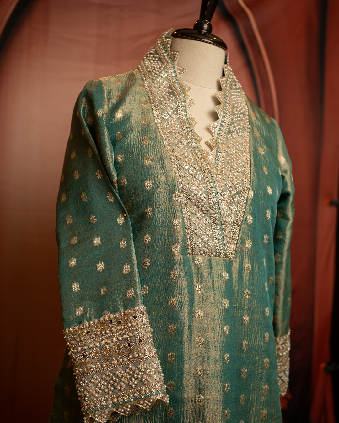 Pure Tissue Silk Banarasi Suit with Pearl Work Border