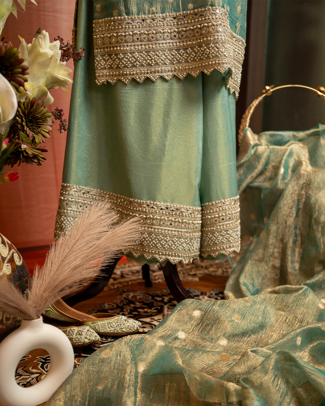 Pure Tissue Silk Banarasi Suit with Pearl Work Border