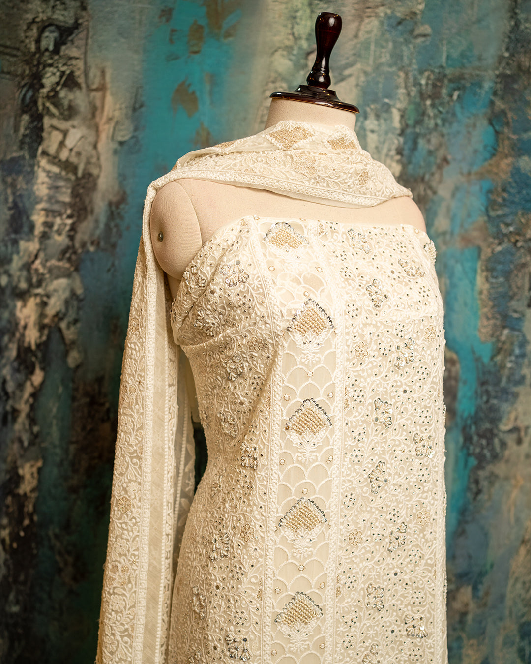 White chikankari with hand embroidery