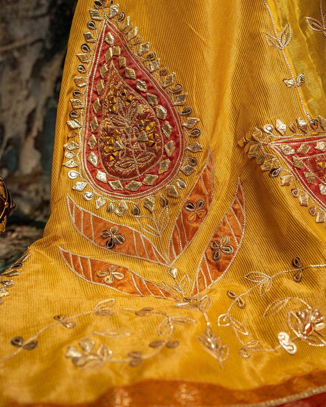 Brocade Tissue Silk Suit with Contrasting Dupatta and Gota Patti Detailing