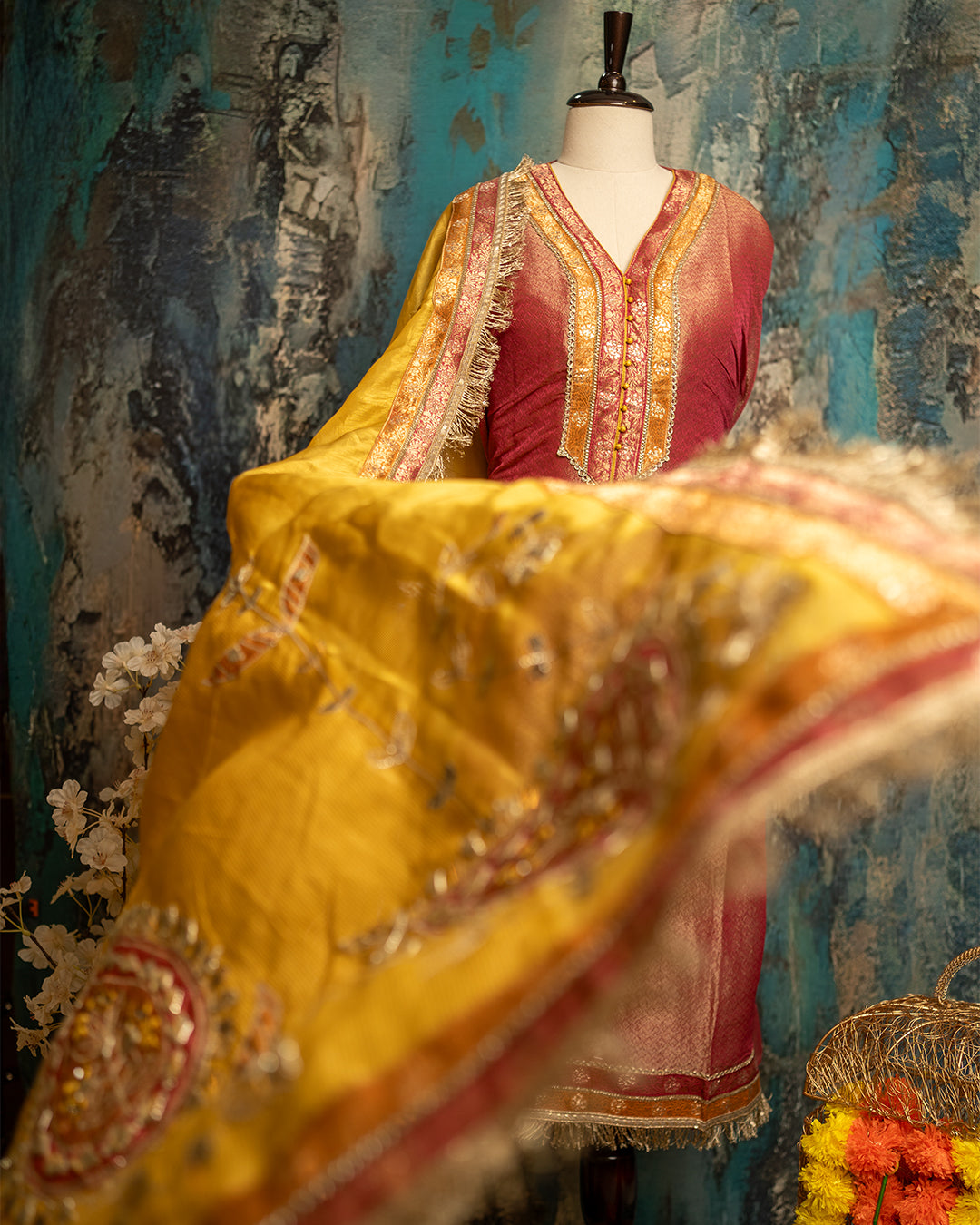 Brocade Tissue Silk Suit with Contrasting Dupatta and Gota Patti Detailing