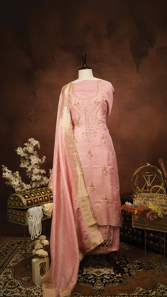 Pink Jacquard with Aari Work and Banarasi Dupatta