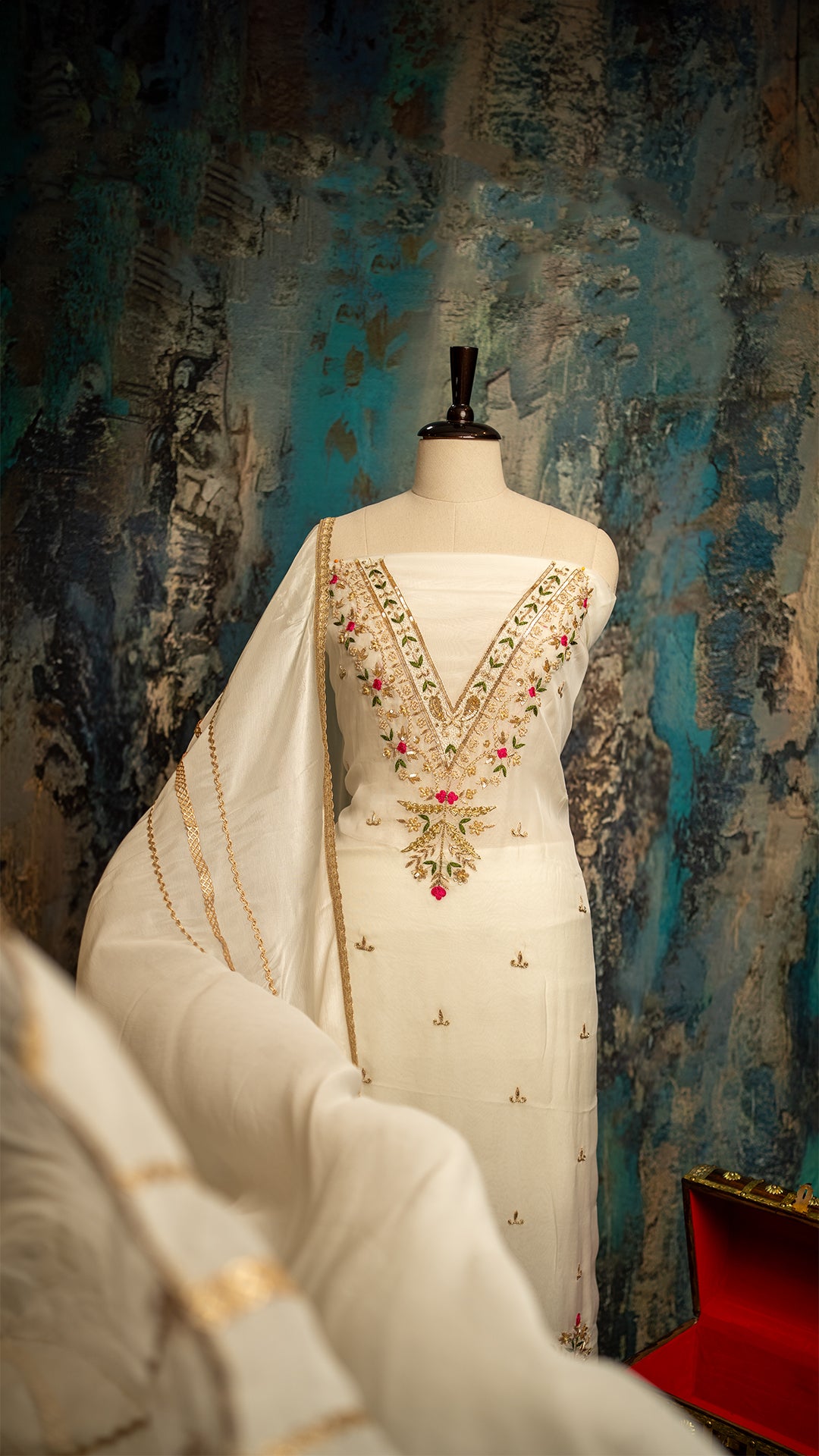 Elegant White Organza Fabric with Intricate Embroidery