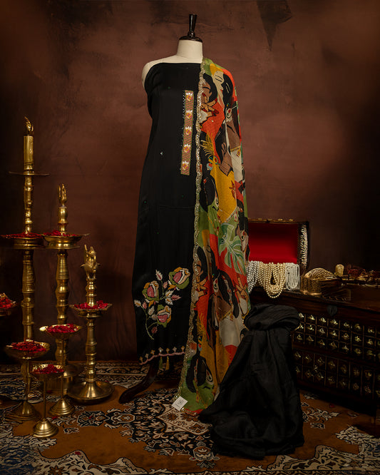 Classic Black Silk Dress Material with Printed Dupatta