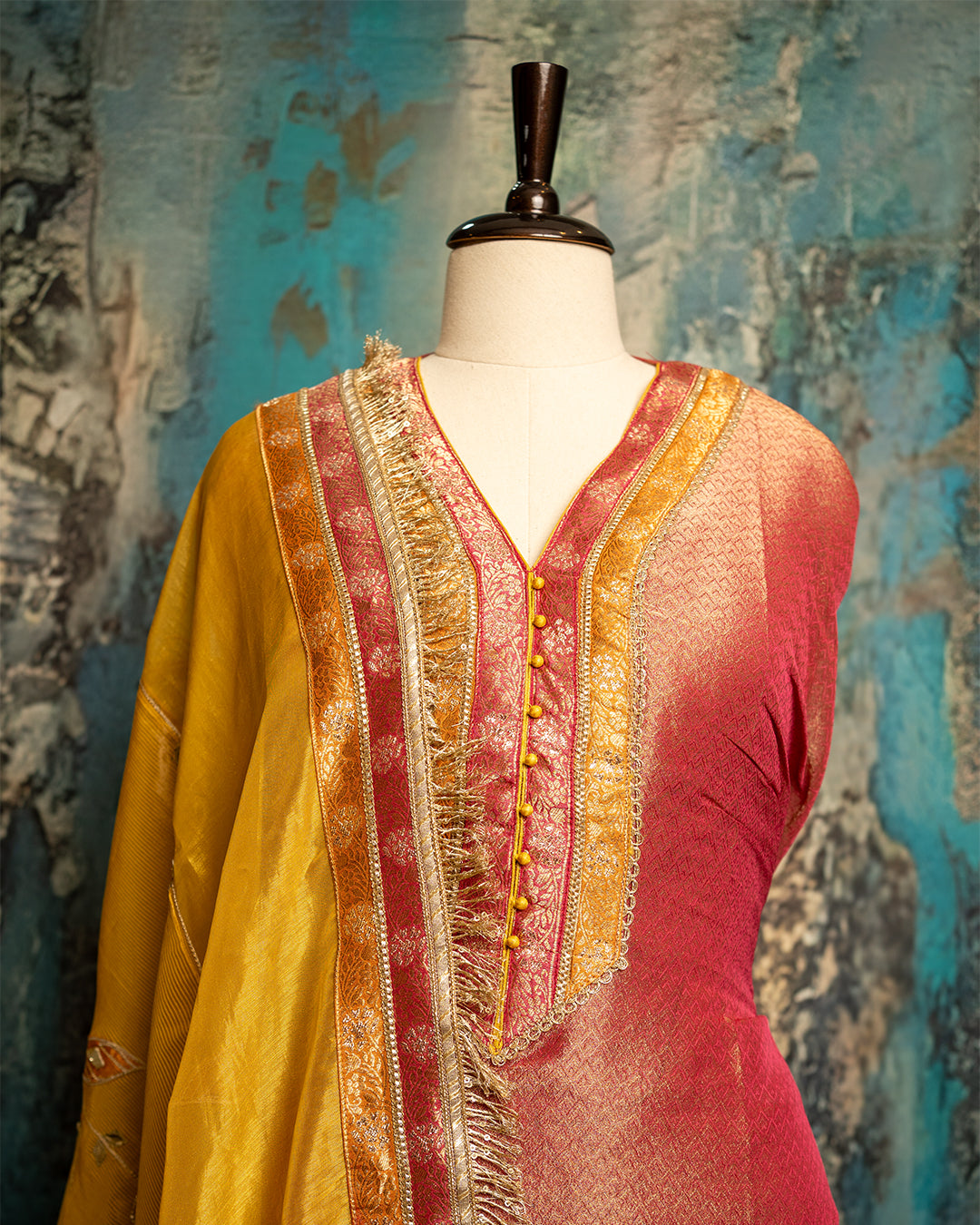 Brocade Tissue Silk Suit with Contrasting Dupatta and Gota Patti Detailing