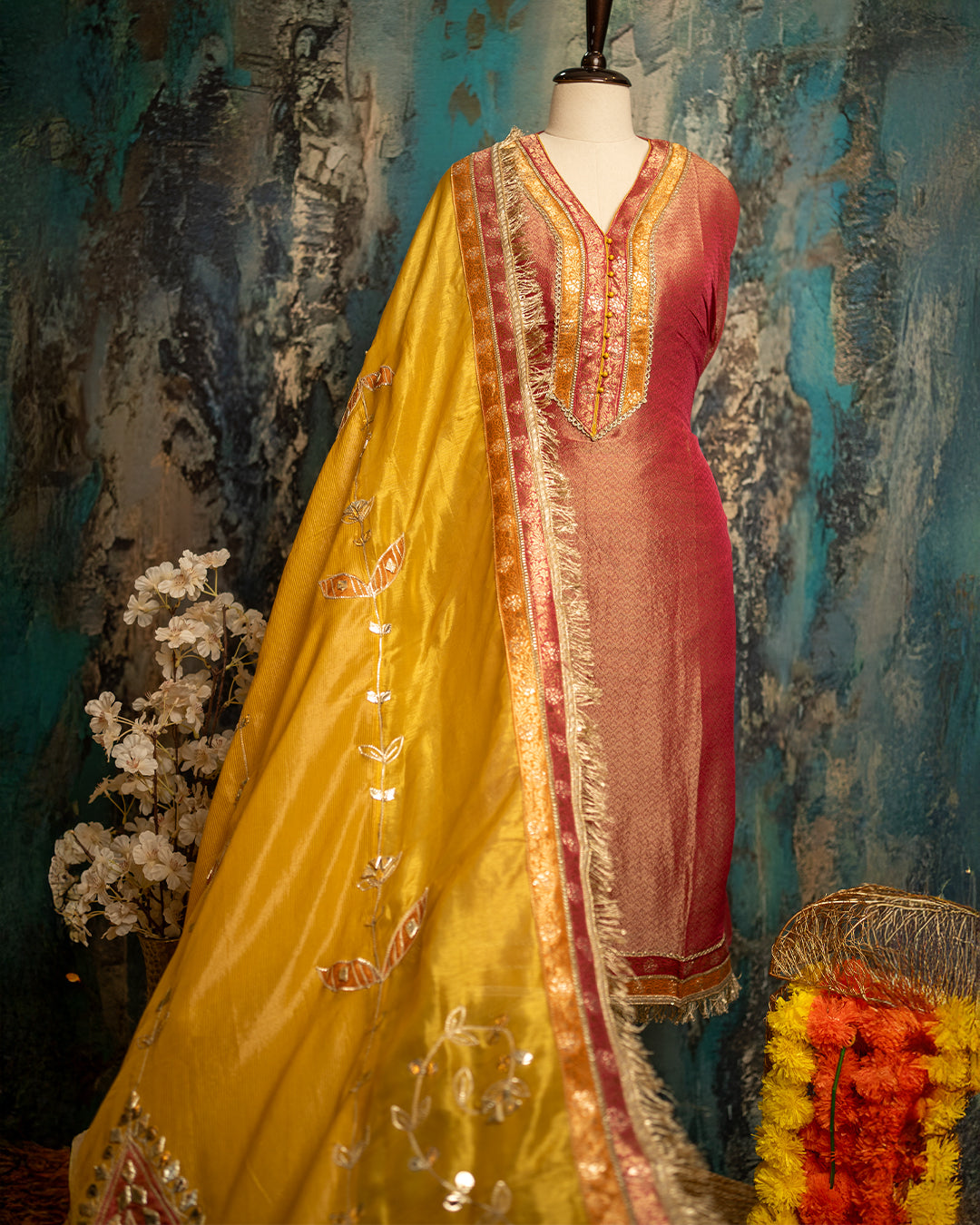 Brocade Tissue Silk Suit with Contrasting Dupatta and Gota Patti Detailing