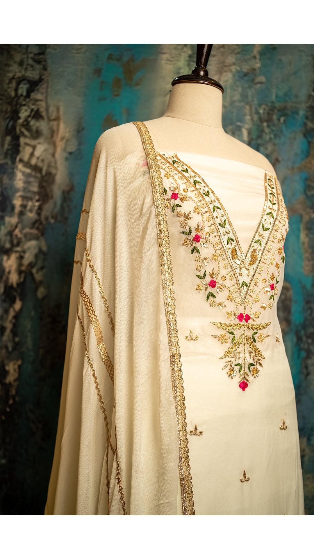 Elegant White Organza Fabric with Intricate Embroidery