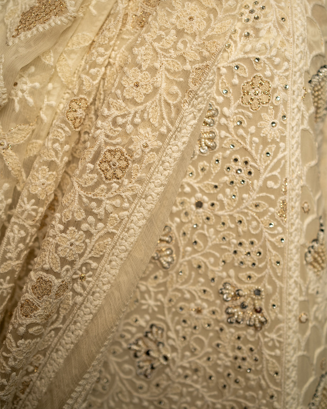 White chikankari with hand embroidery