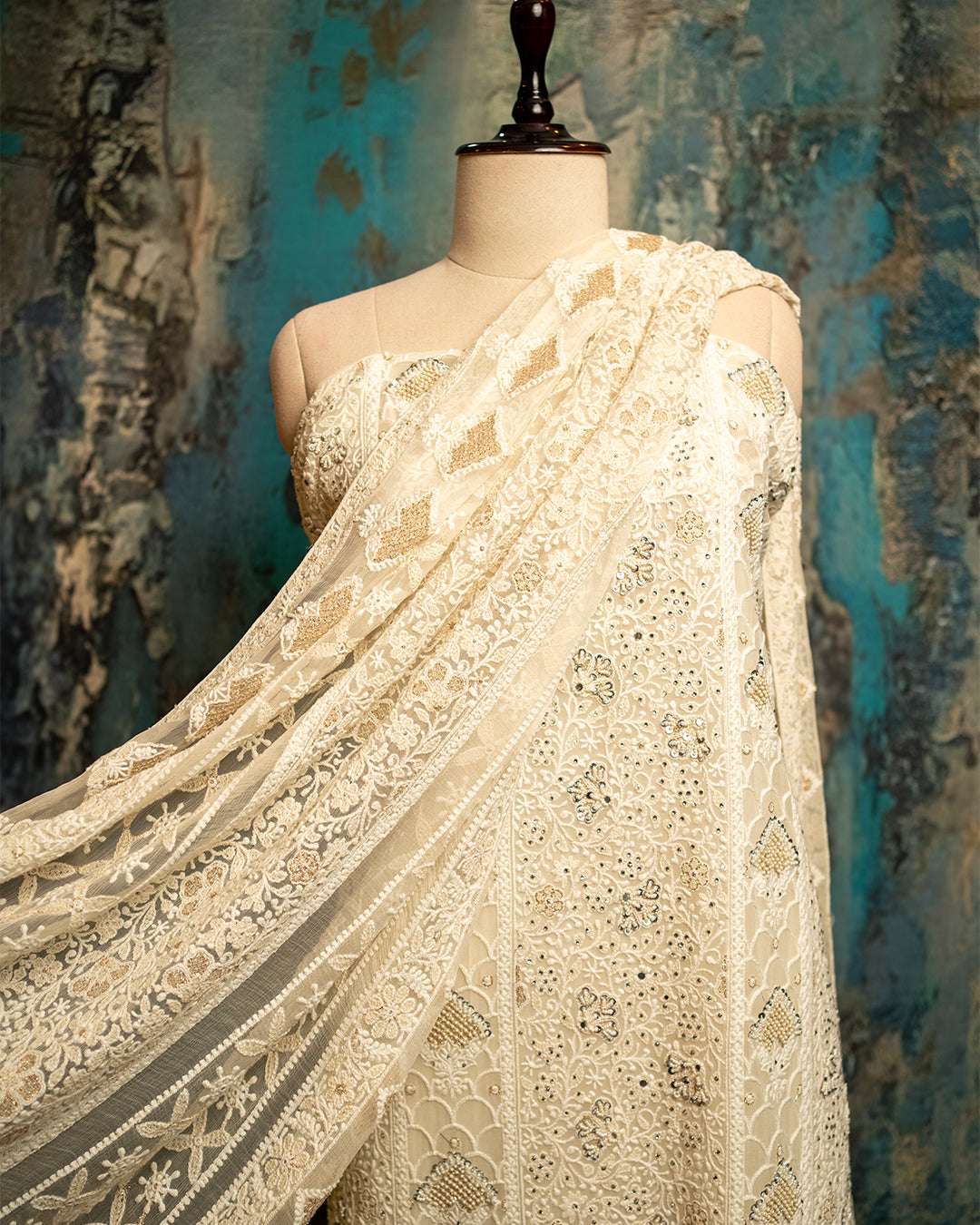 White chikankari with hand embroidery