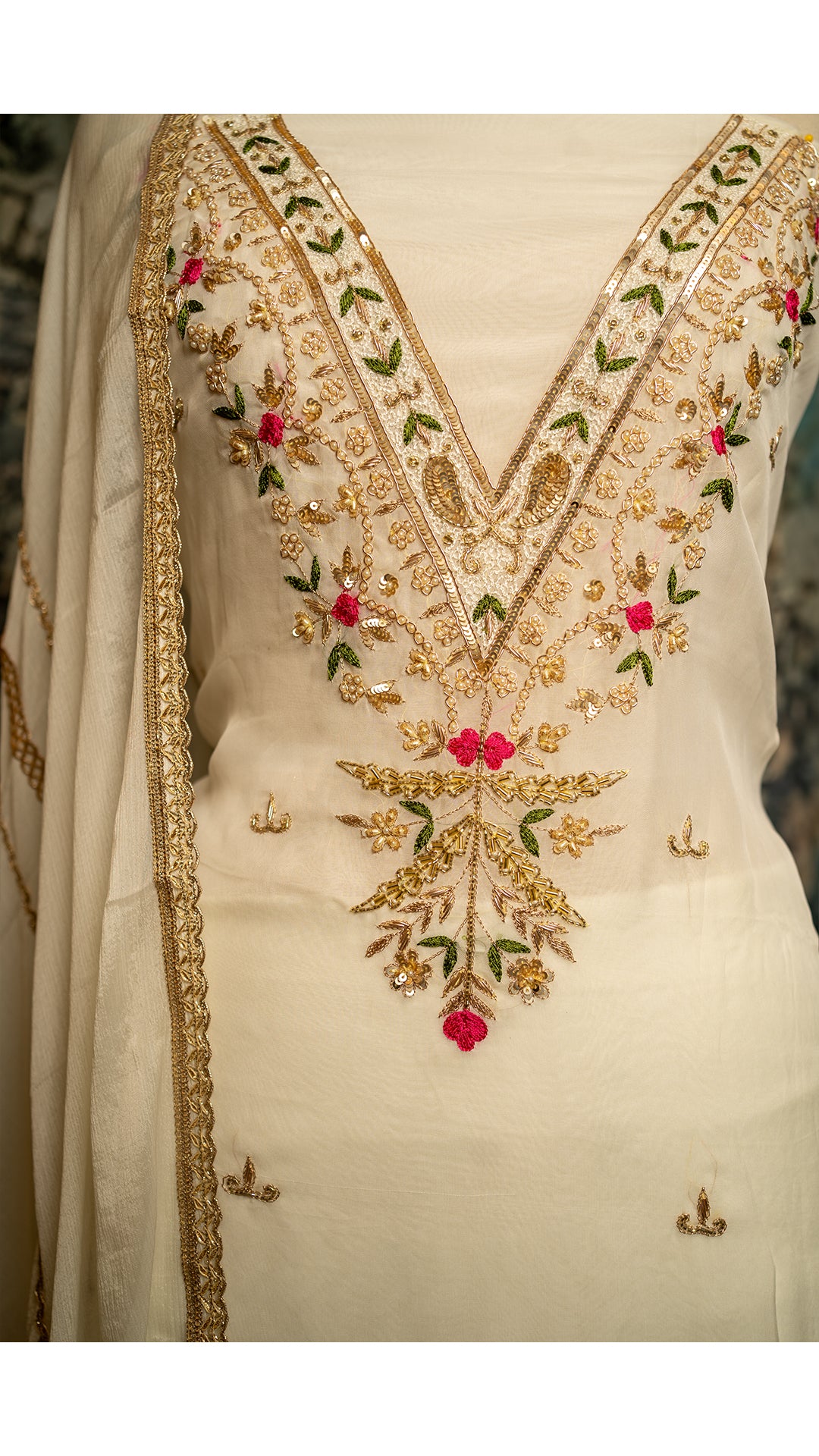 Elegant White Organza Fabric with Intricate Embroidery