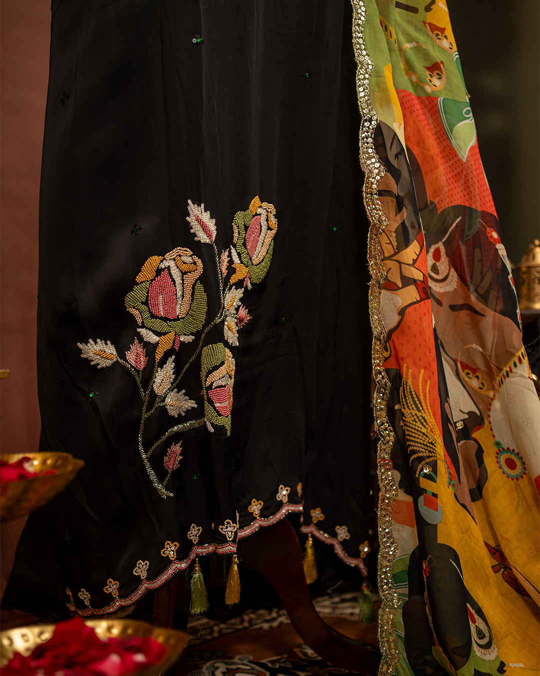 Classic Black Silk Dress Material with Printed Dupatta