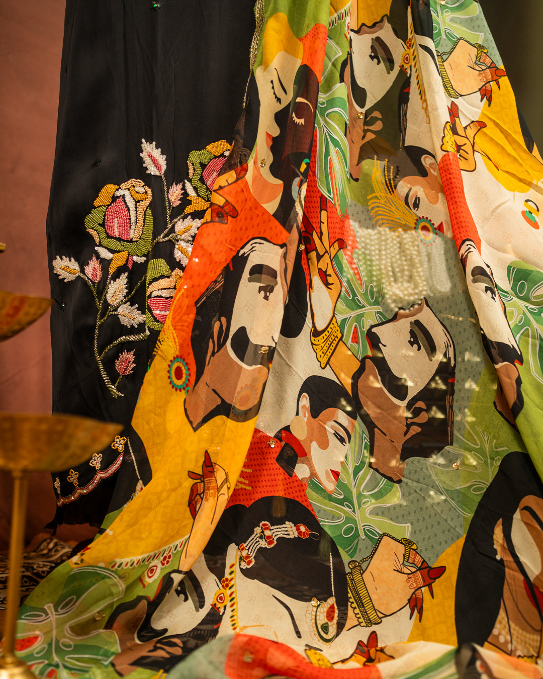 Classic Black Silk Dress Material with Printed Dupatta