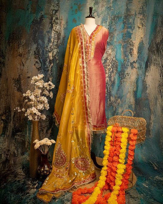 Brocade Tissue Silk Suit with Contrasting Dupatta and Gota Patti Detailing