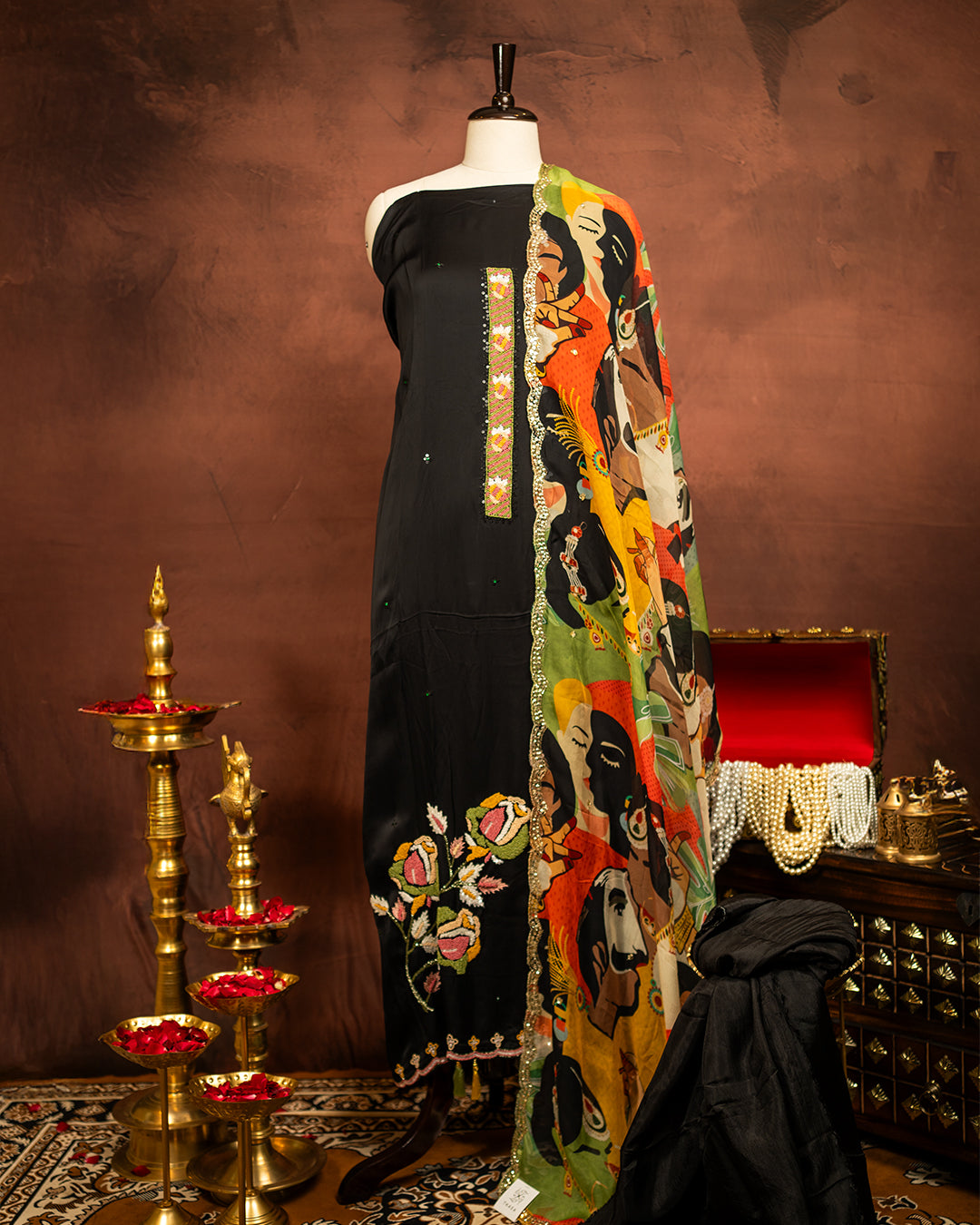 Classic Black Silk Dress Material with Printed Dupatta