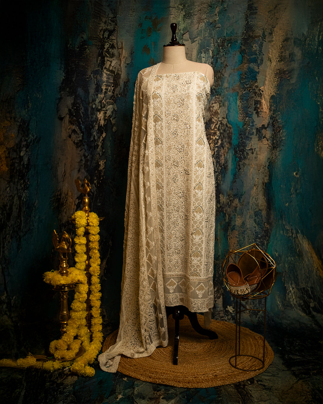 White chikankari with hand embroidery