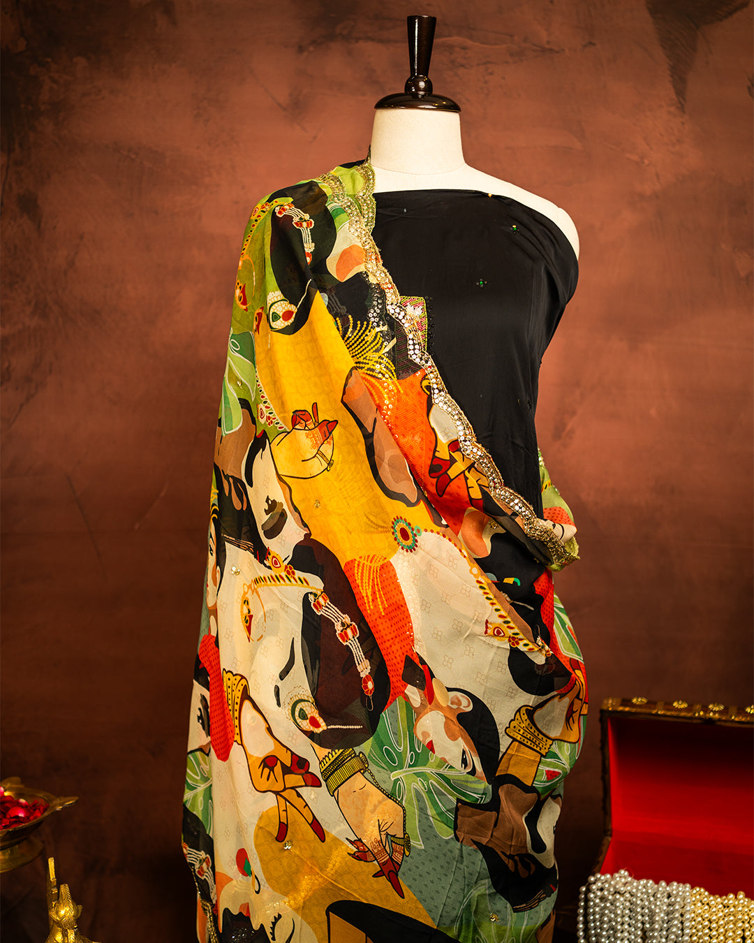 Classic Black Silk Dress Material with Printed Dupatta